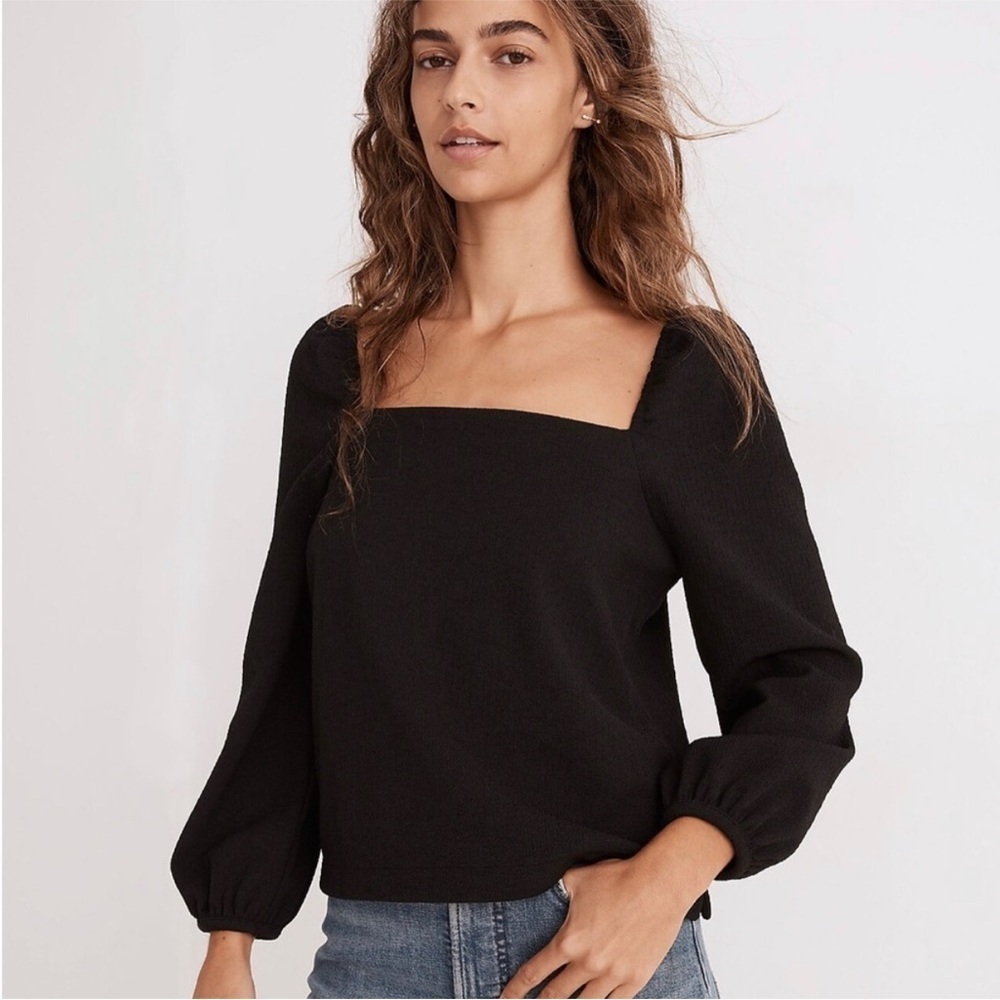 NWT Crepe Square-Neck Puff-Sleeve Top Black Small K15